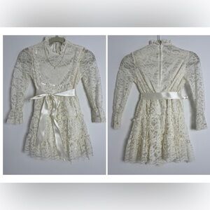 Vintage Girl's First Communion Cream Tiered All Lace Attached Necklace Dress S/M